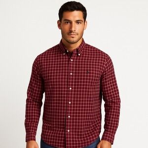 Ralph Lauren Men's Button Down Shirt L Burgundy Plaid Long Sleeve 100% Cotton